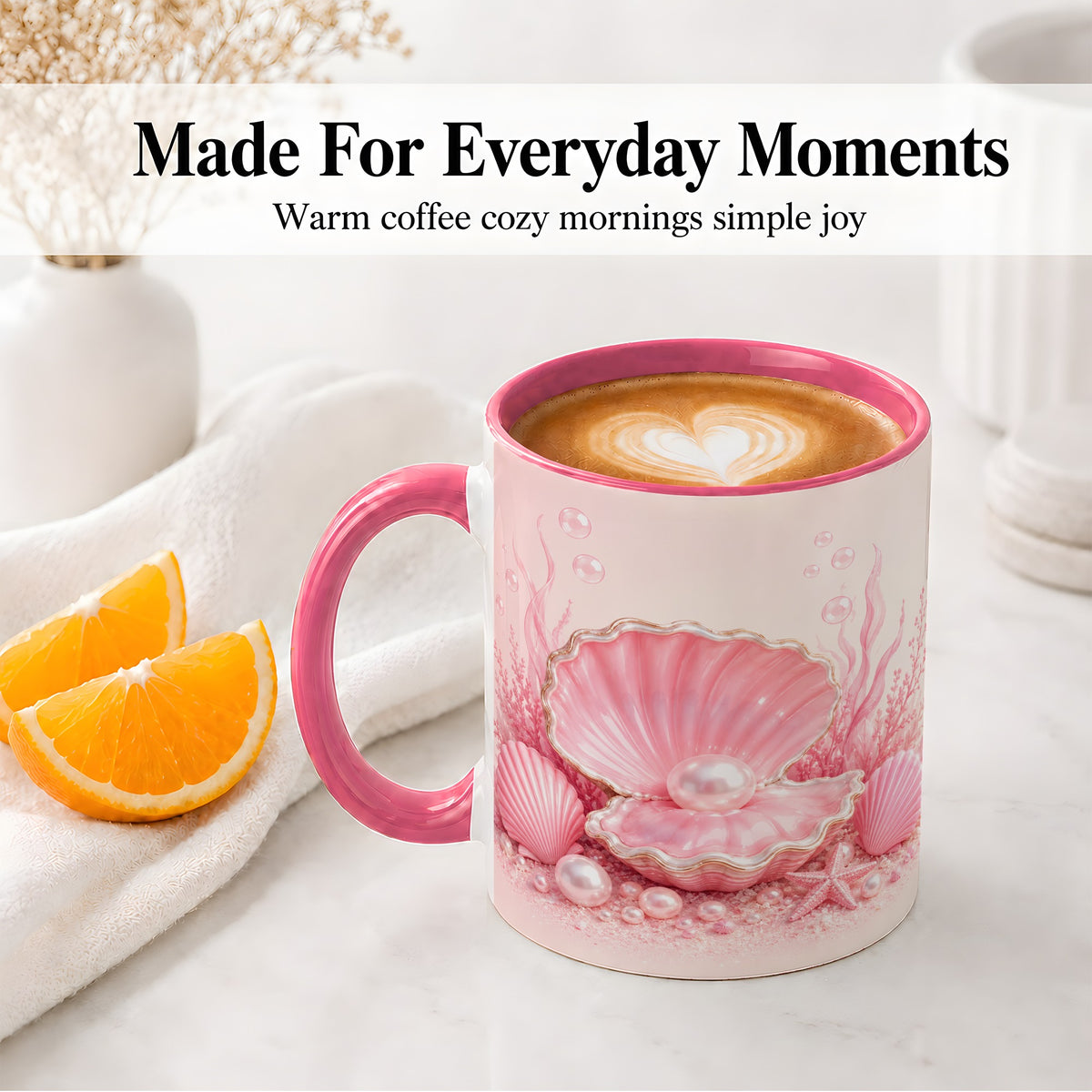 #pl[11oz|Pink] Pink Pearl Seashell Ceramic Mug, Ocean Shell Underwater Artwork