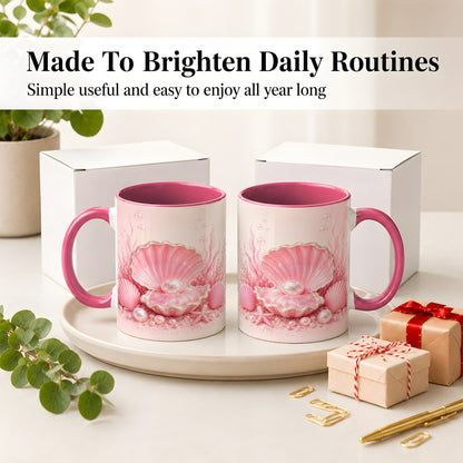 #pl[11oz|Pink] Pink Pearl Seashell Ceramic Mug, Ocean Shell Underwater Artwork