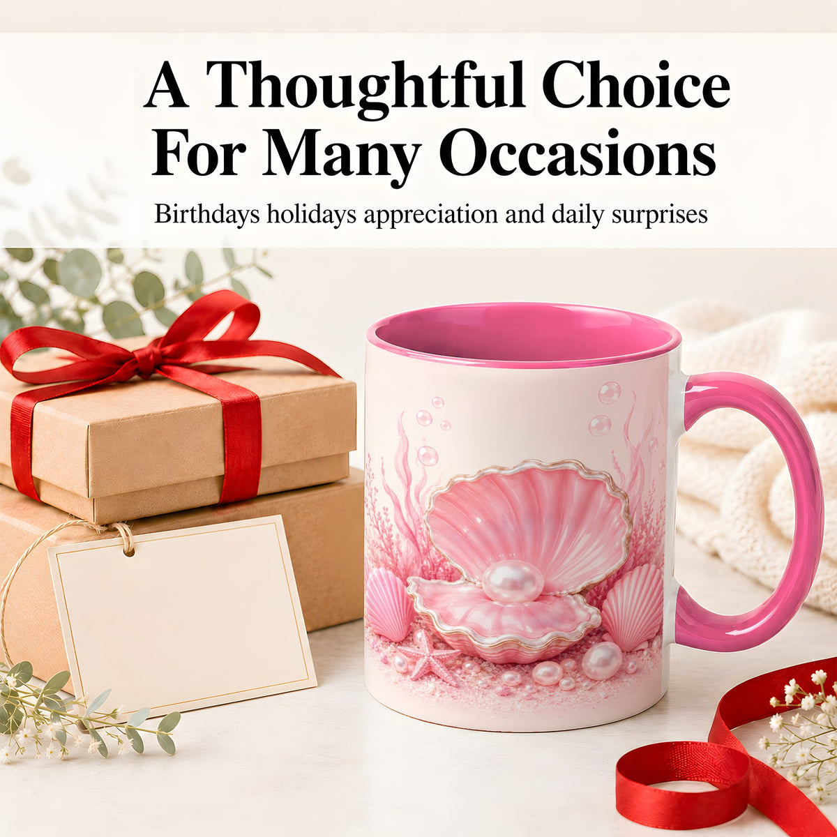 #pl[11oz|Pink] Pink Pearl Seashell Ceramic Mug, Ocean Shell Underwater Artwork