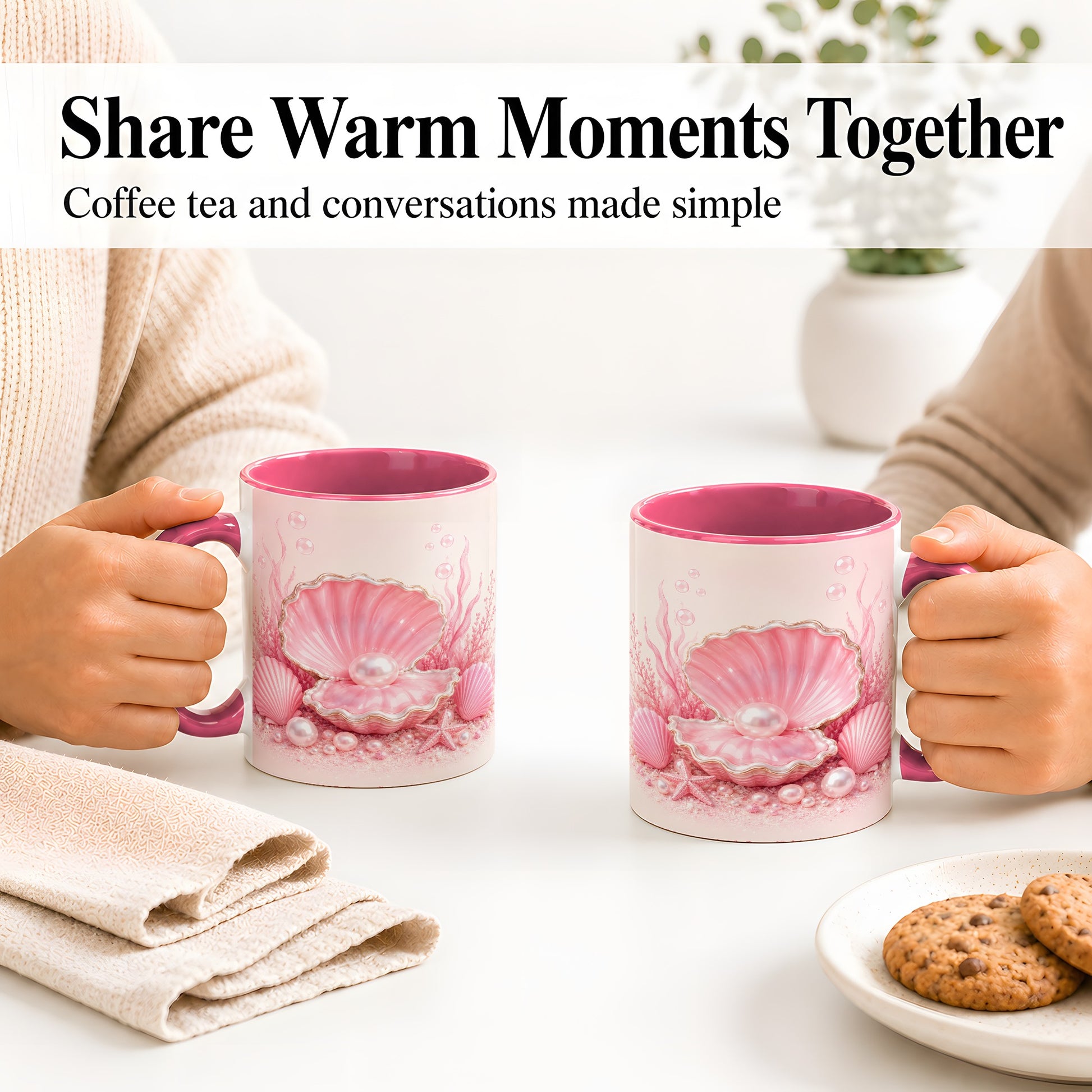 #pl[11oz|Pink] Pink Pearl Seashell Ceramic Mug, Ocean Shell Underwater Artwork