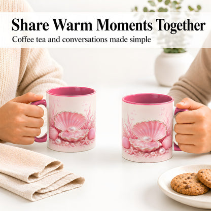 #pl[11oz|Pink] Pink Pearl Seashell Ceramic Mug, Ocean Shell Underwater Artwork