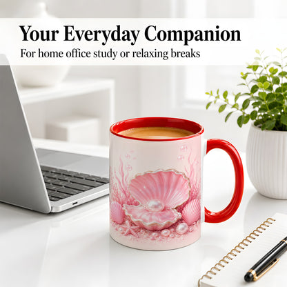#pl[11oz|Red] Pink Pearl Seashell Ceramic Mug, Ocean Shell Underwater Artwork