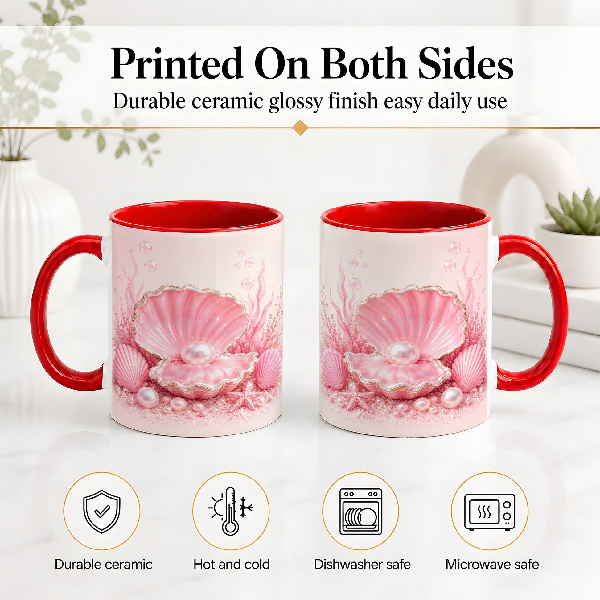 #pl[11oz|Red] Pink Pearl Seashell Ceramic Mug, Ocean Shell Underwater Artwork