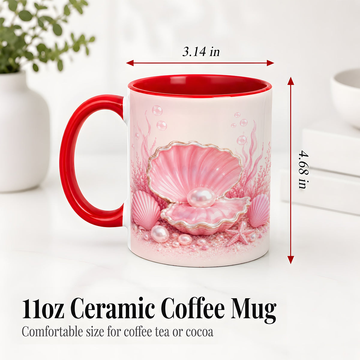 #pl[11oz|Red] Pink Pearl Seashell Ceramic Mug, Ocean Shell Underwater Artwork