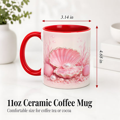 #pl[11oz|Red] Pink Pearl Seashell Ceramic Mug, Ocean Shell Underwater Artwork