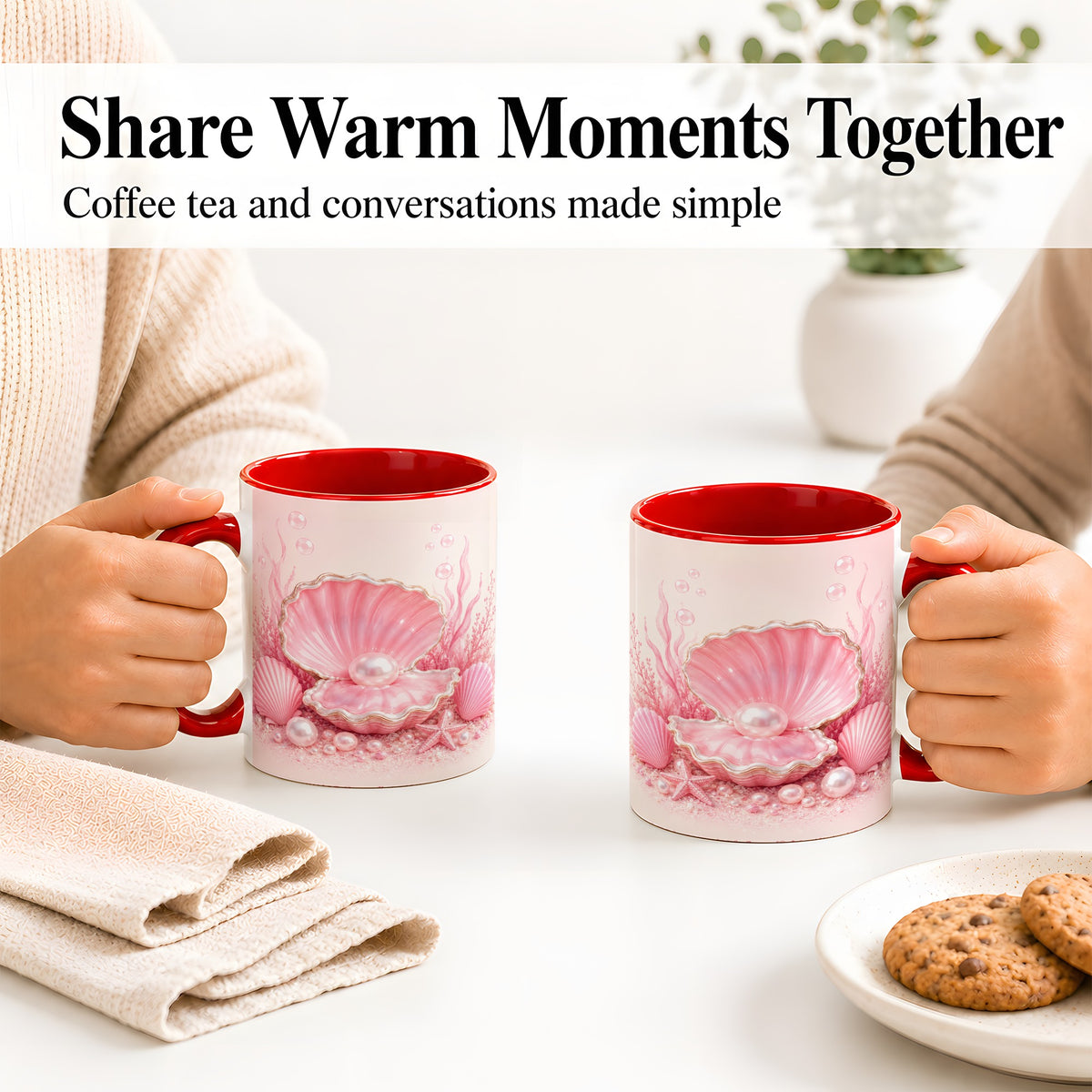 #pl[11oz|Red] Pink Pearl Seashell Ceramic Mug, Ocean Shell Underwater Artwork