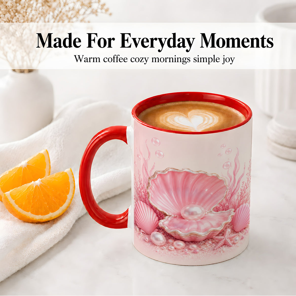#pl[11oz|Red] Pink Pearl Seashell Ceramic Mug, Ocean Shell Underwater Artwork