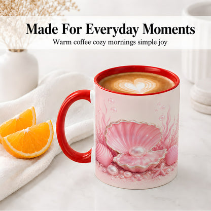 #pl[11oz|Red] Pink Pearl Seashell Ceramic Mug, Ocean Shell Underwater Artwork