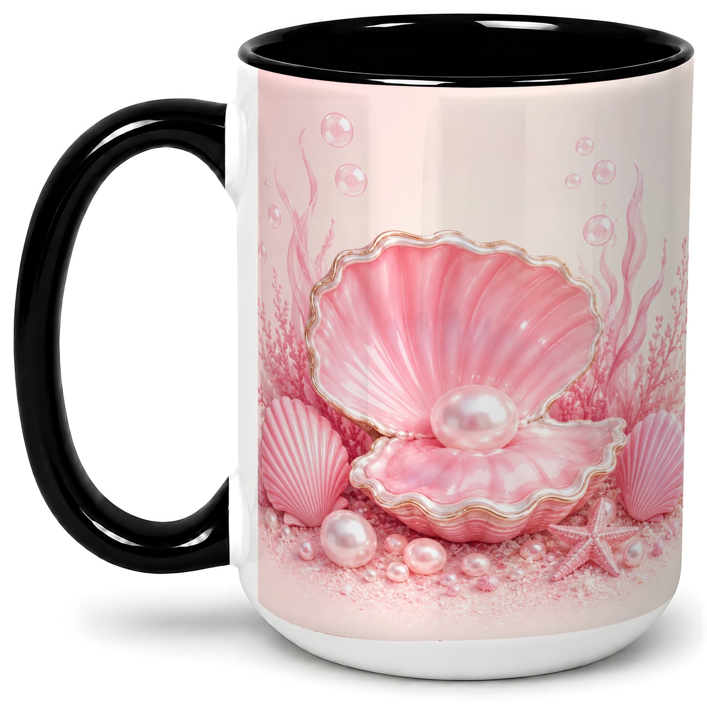#pl[15oz|Black] Pink Pearl Seashell Ceramic Mug, Ocean Shell Underwater Artwork