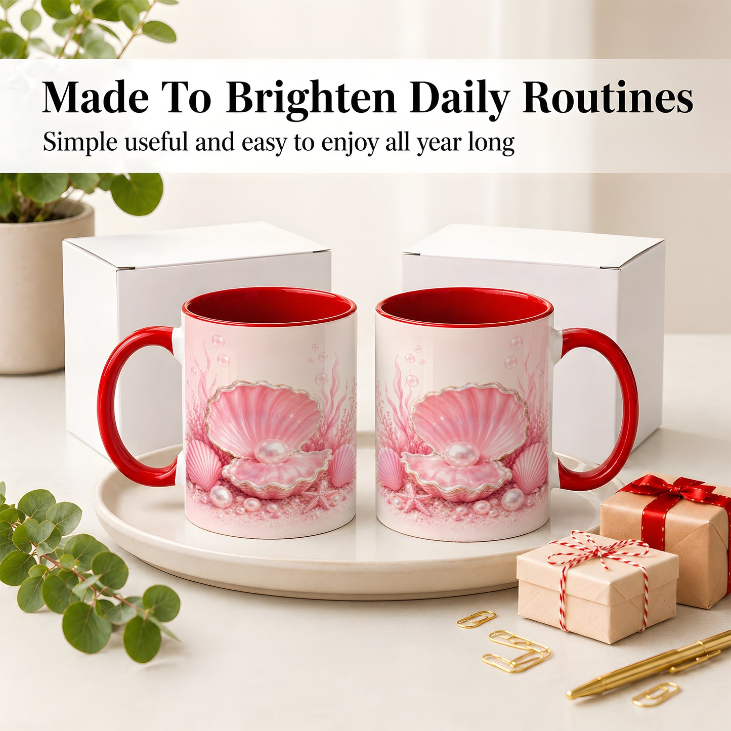 #pl[11oz|Red] Pink Pearl Seashell Ceramic Mug, Ocean Shell Underwater Artwork