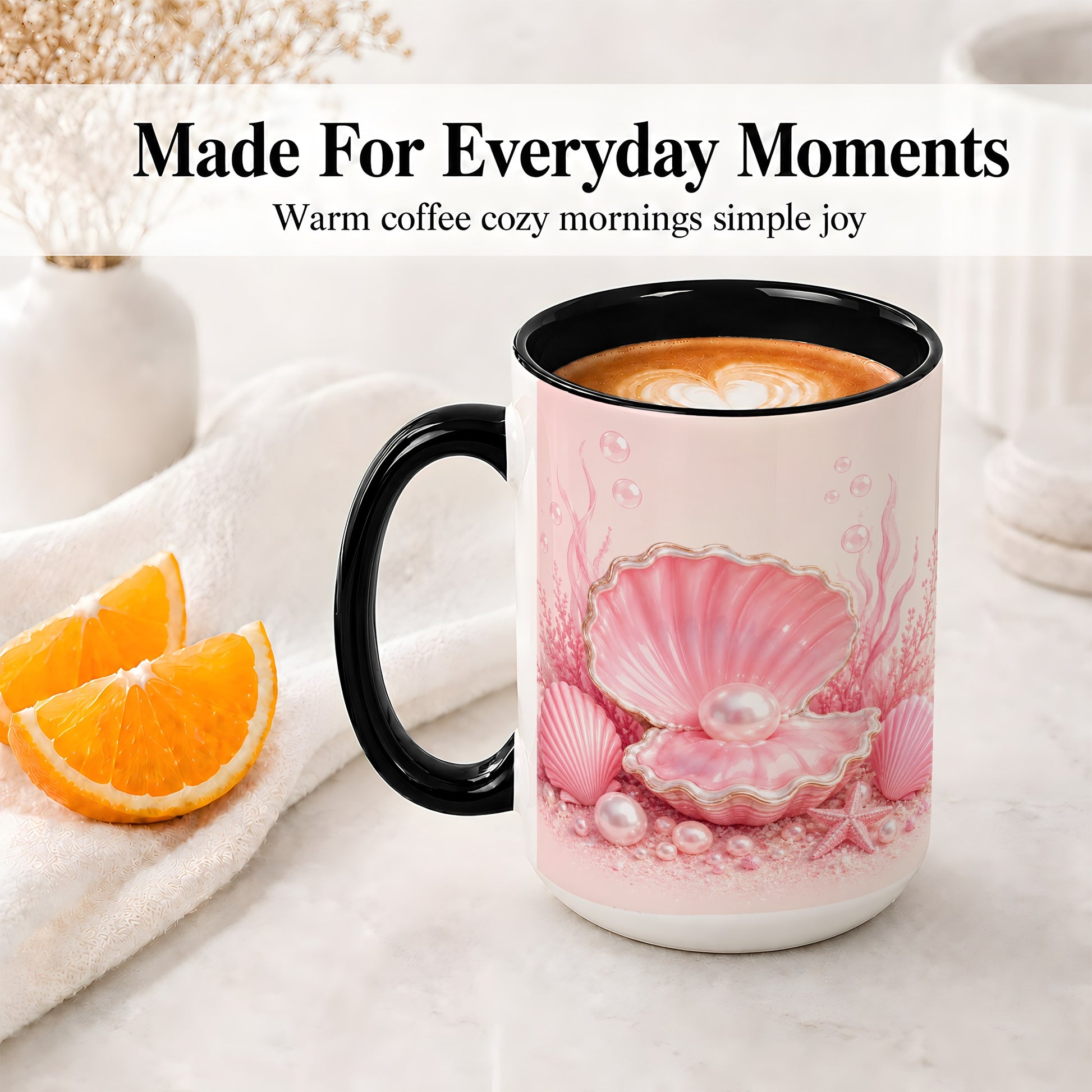 #pl[15oz|Black] Pink Pearl Seashell Ceramic Mug, Ocean Shell Underwater Artwork