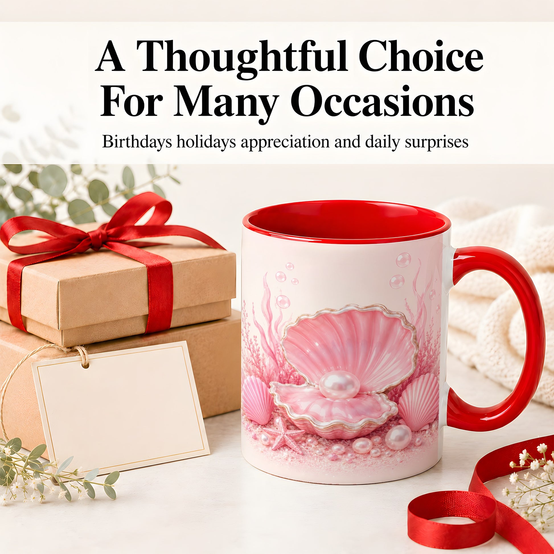 #pl[11oz|Red] Pink Pearl Seashell Ceramic Mug, Ocean Shell Underwater Artwork