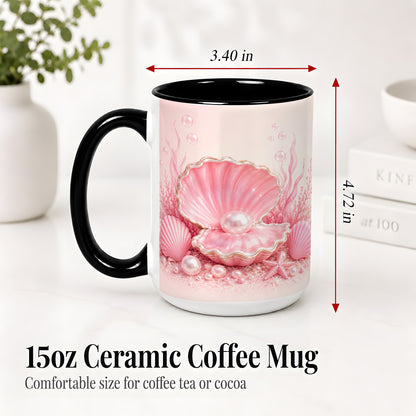 #pl[15oz|Black] Pink Pearl Seashell Ceramic Mug, Ocean Shell Underwater Artwork