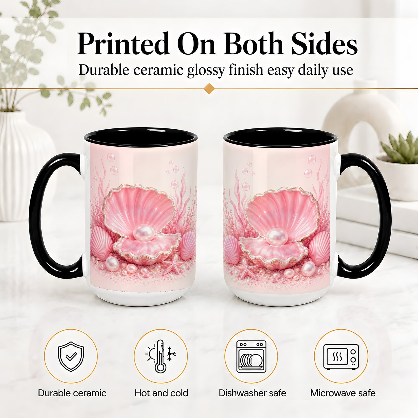 #pl[15oz|Black] Pink Pearl Seashell Ceramic Mug, Ocean Shell Underwater Artwork