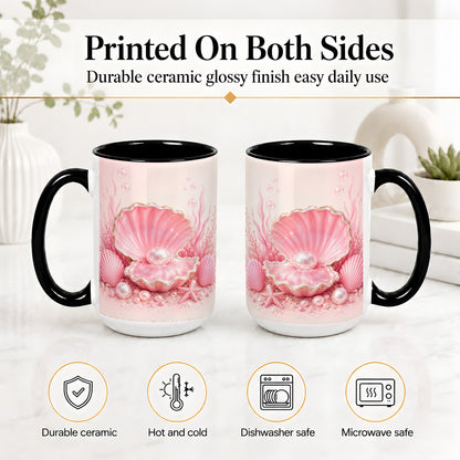 #pl[15oz|Black] Pink Pearl Seashell Ceramic Mug, Ocean Shell Underwater Artwork