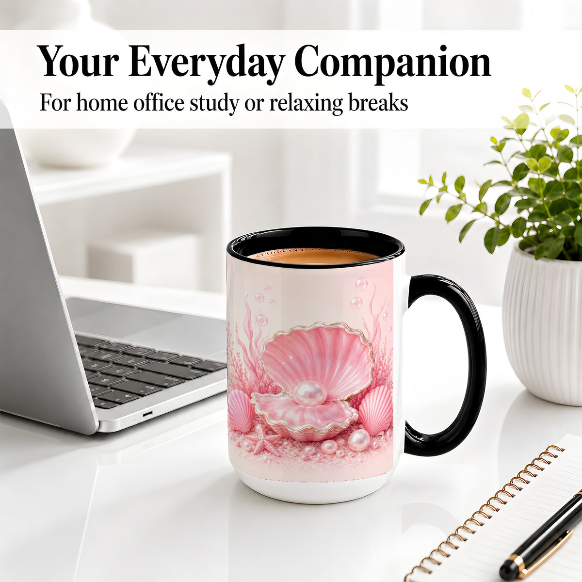 #pl[15oz|Black] Pink Pearl Seashell Ceramic Mug, Ocean Shell Underwater Artwork