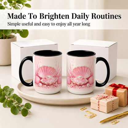 #pl[15oz|Black] Pink Pearl Seashell Ceramic Mug, Ocean Shell Underwater Artwork