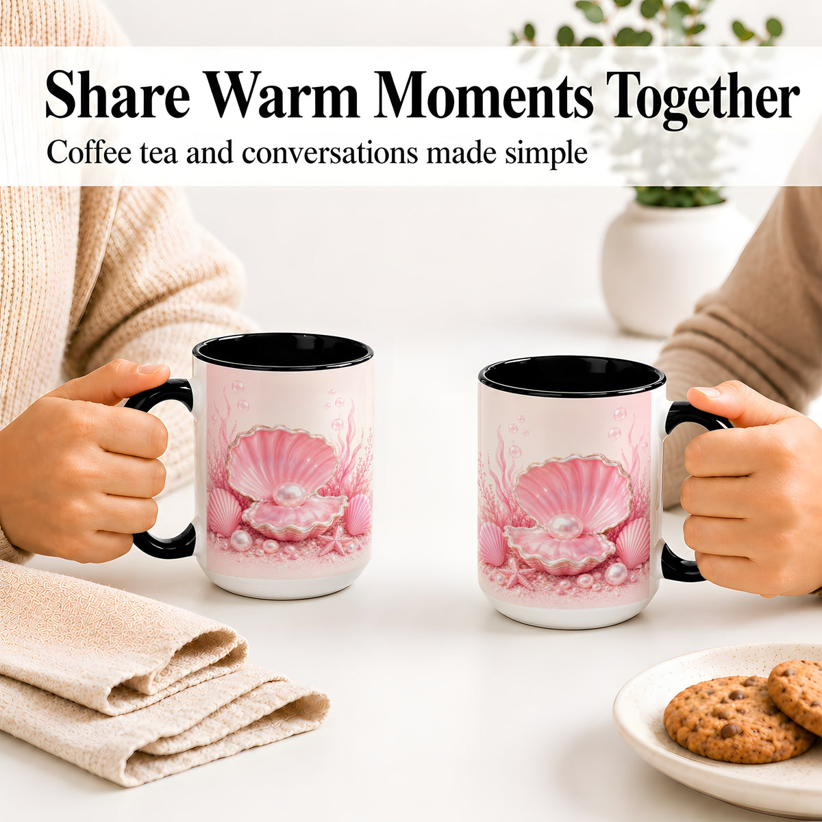 #pl[15oz|Black] Pink Pearl Seashell Ceramic Mug, Ocean Shell Underwater Artwork