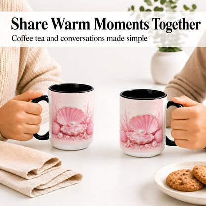 #pl[15oz|Black] Pink Pearl Seashell Ceramic Mug, Ocean Shell Underwater Artwork