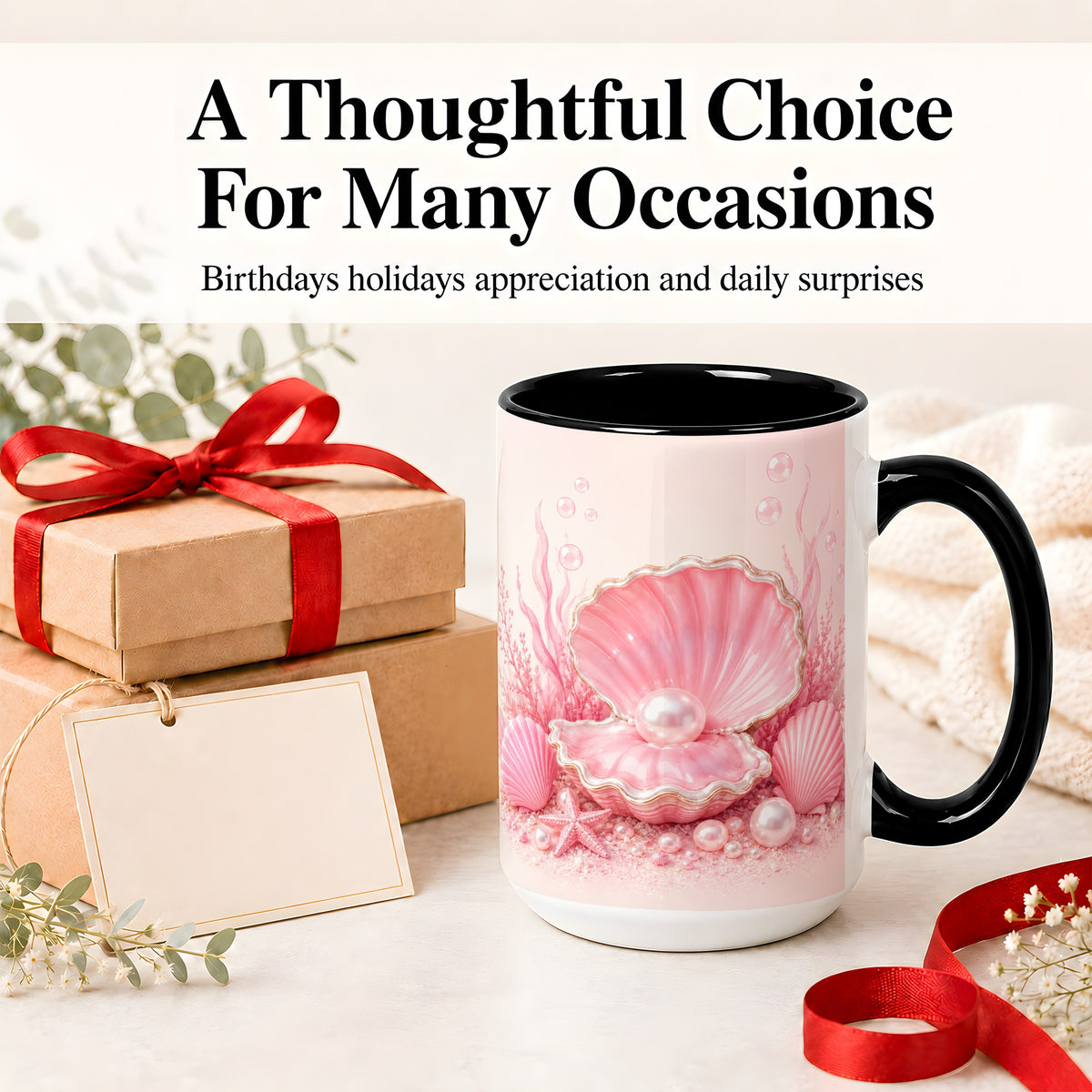 #pl[15oz|Black] Pink Pearl Seashell Ceramic Mug, Ocean Shell Underwater Artwork
