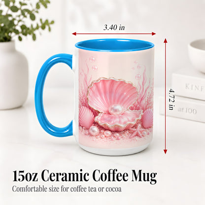 #pl[15oz|Blue] Pink Pearl Seashell Ceramic Mug, Ocean Shell Underwater Artwork