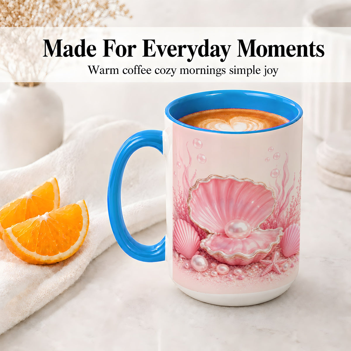 #pl[15oz|Blue] Pink Pearl Seashell Ceramic Mug, Ocean Shell Underwater Artwork