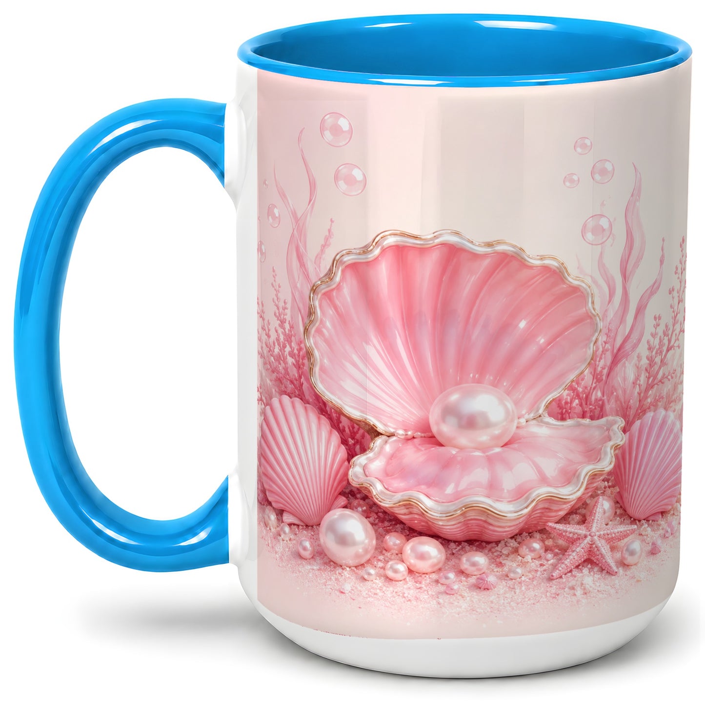 #pl[15oz|Blue] Pink Pearl Seashell Ceramic Mug, Ocean Shell Underwater Artwork