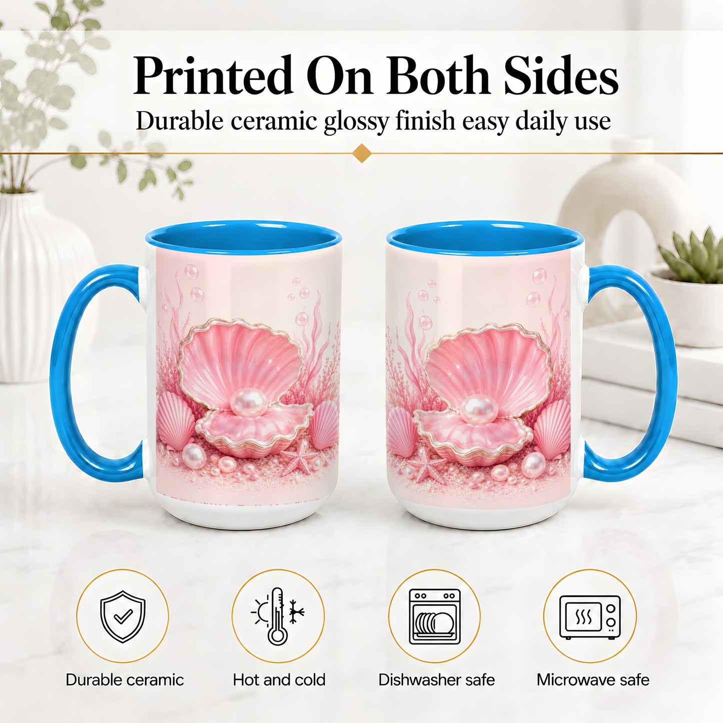 #pl[15oz|Blue] Pink Pearl Seashell Ceramic Mug, Ocean Shell Underwater Artwork