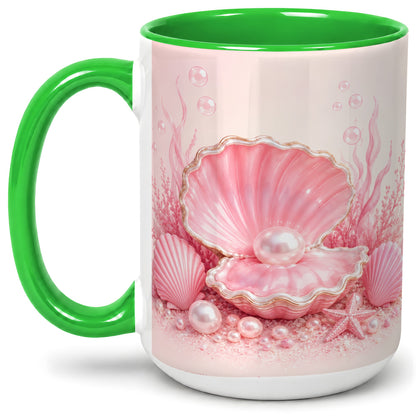 #pl[15oz|Green] Pink Pearl Seashell Ceramic Mug, Ocean Shell Underwater Artwork