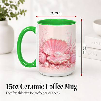 #pl[15oz|Green] Pink Pearl Seashell Ceramic Mug, Ocean Shell Underwater Artwork