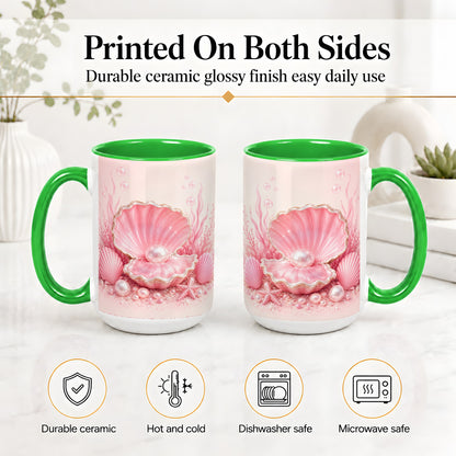 #pl[15oz|Green] Pink Pearl Seashell Ceramic Mug, Ocean Shell Underwater Artwork
