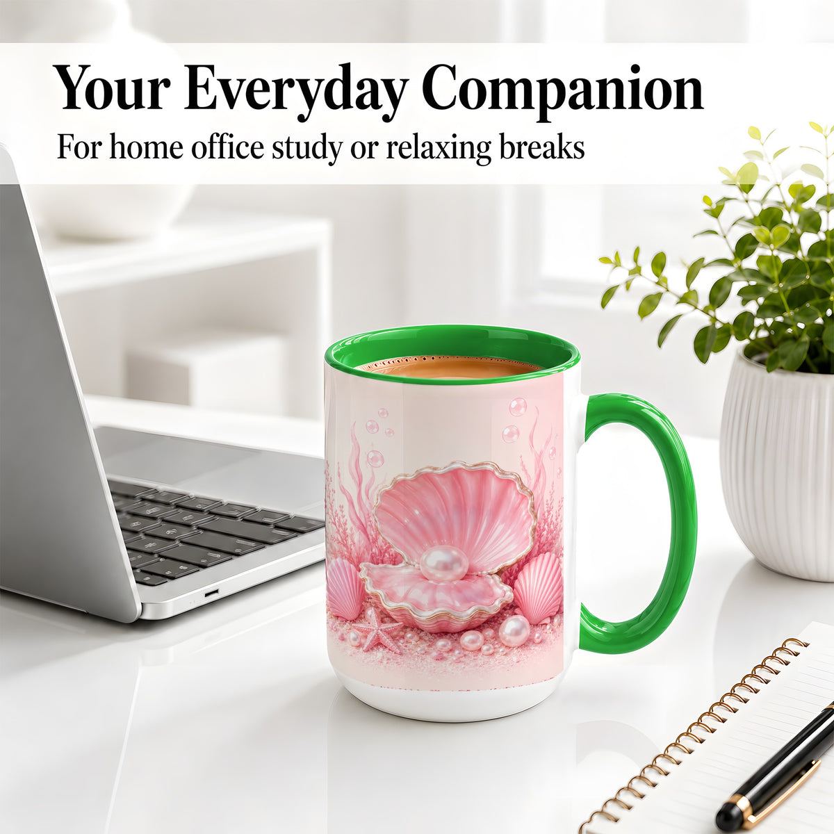 #pl[15oz|Green] Pink Pearl Seashell Ceramic Mug, Ocean Shell Underwater Artwork