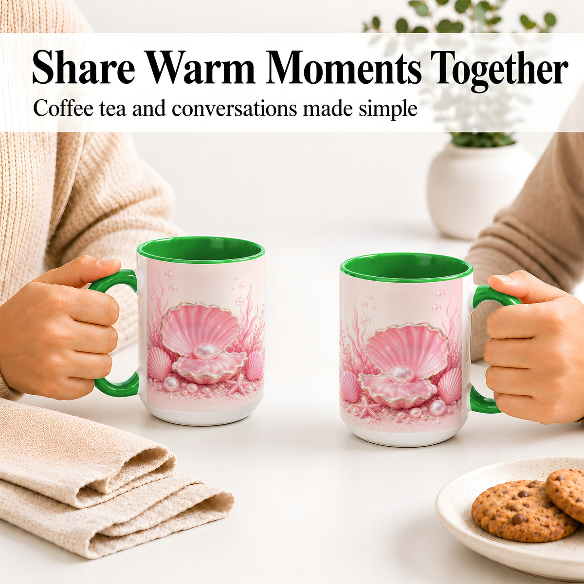 #pl[15oz|Green] Pink Pearl Seashell Ceramic Mug, Ocean Shell Underwater Artwork