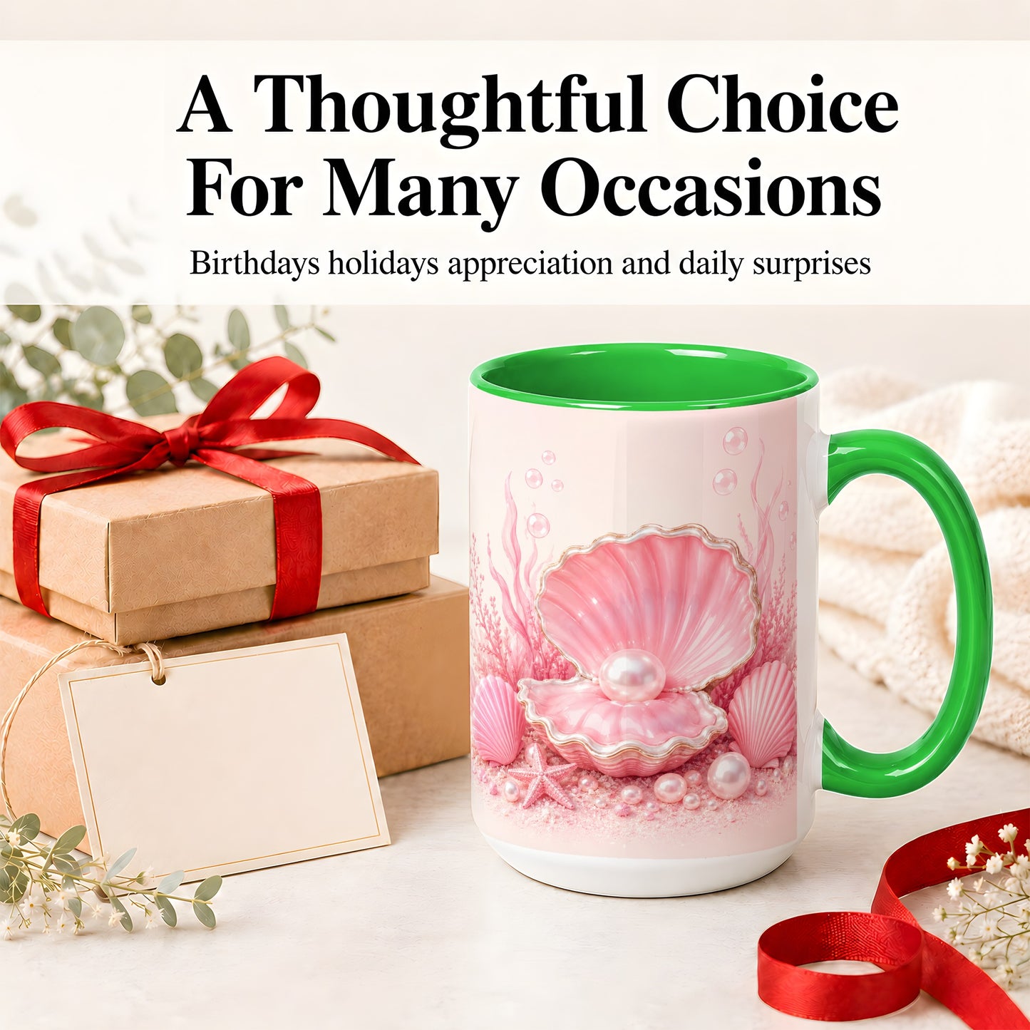 #pl[15oz|Green] Pink Pearl Seashell Ceramic Mug, Ocean Shell Underwater Artwork