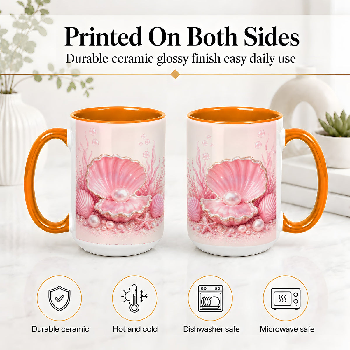 #pl[15oz|Orange] Pink Pearl Seashell Ceramic Mug, Ocean Shell Underwater Artwork