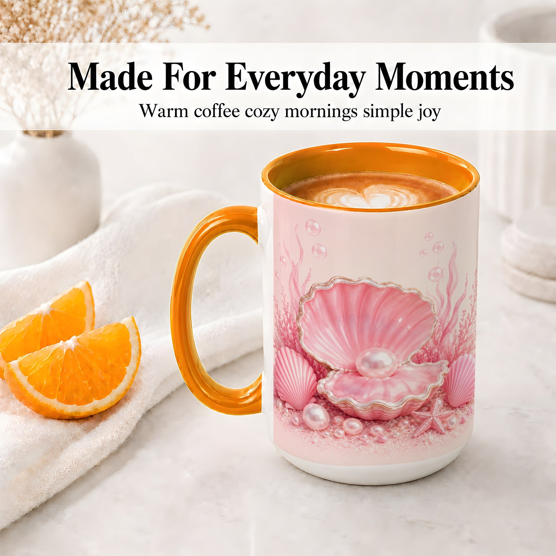 #pl[15oz|Orange] Pink Pearl Seashell Ceramic Mug, Ocean Shell Underwater Artwork