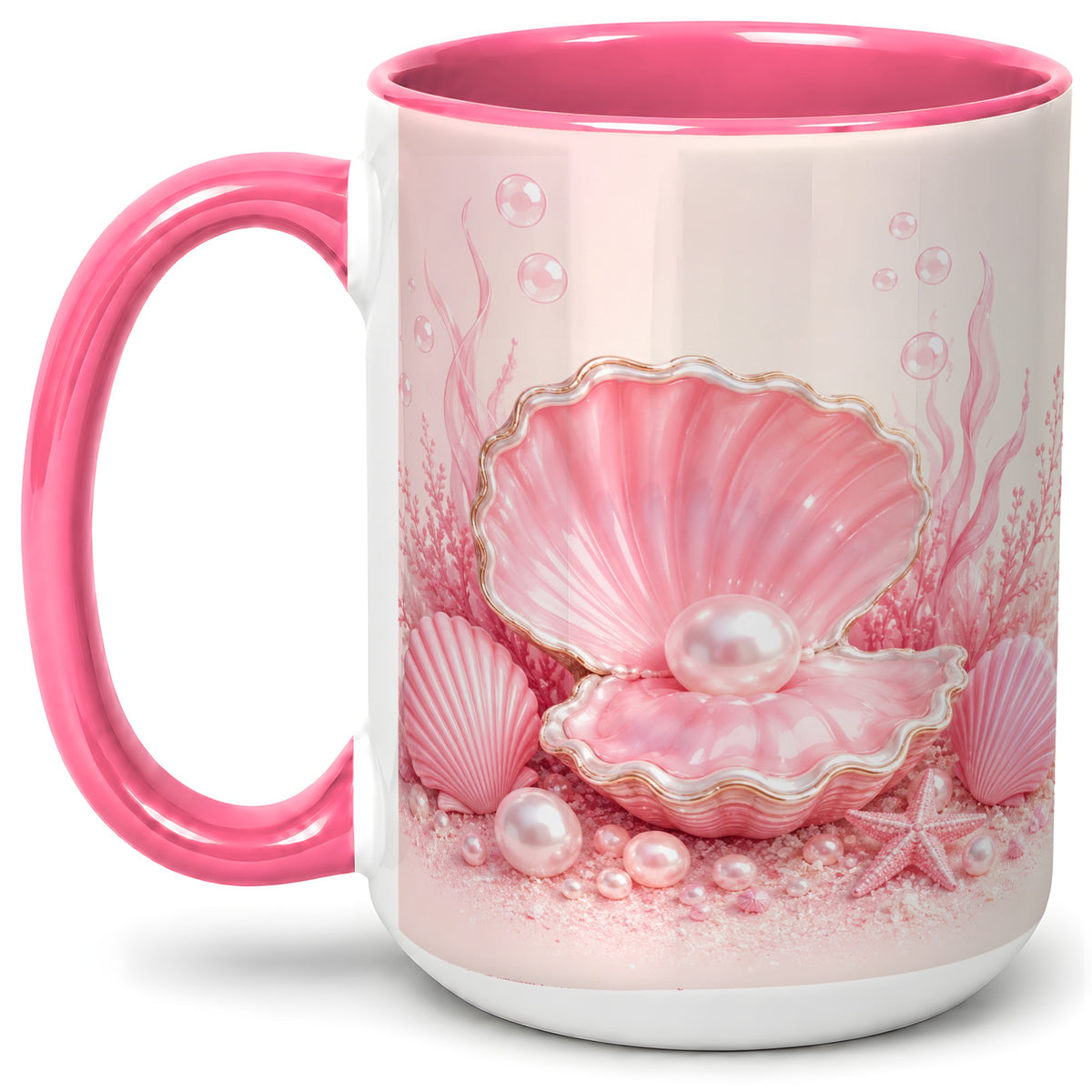 #pl[15oz|Pink] Pink Pearl Seashell Ceramic Mug, Ocean Shell Underwater Artwork