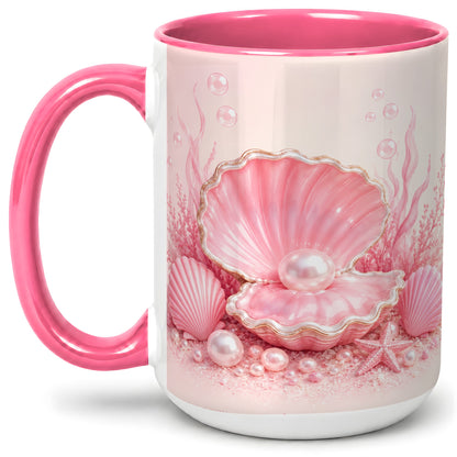 #pl[15oz|Pink] Pink Pearl Seashell Ceramic Mug, Ocean Shell Underwater Artwork