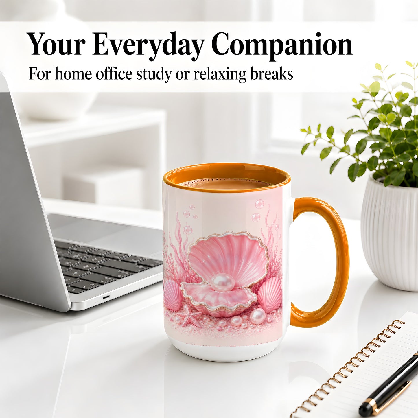 #pl[15oz|Orange] Pink Pearl Seashell Ceramic Mug, Ocean Shell Underwater Artwork