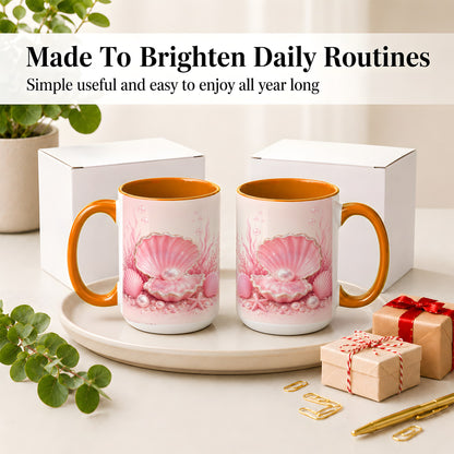 #pl[15oz|Orange] Pink Pearl Seashell Ceramic Mug, Ocean Shell Underwater Artwork