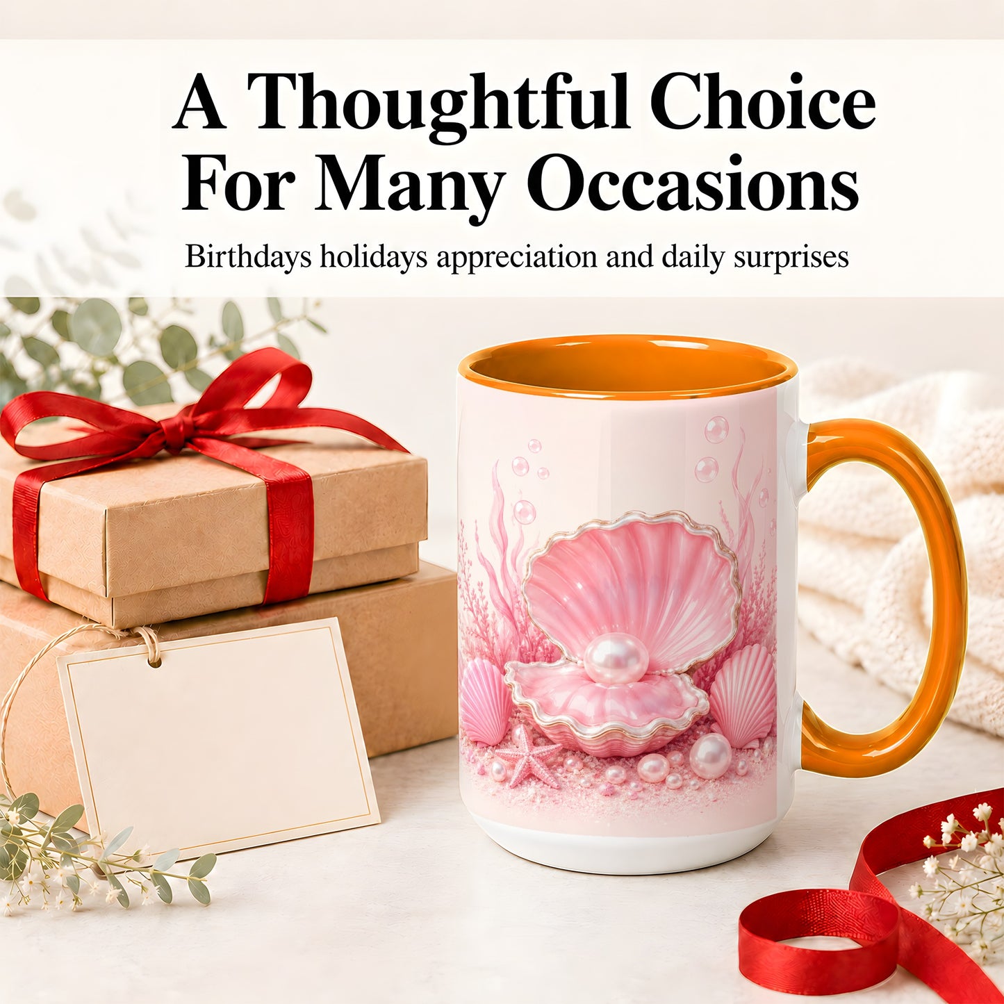 #pl[15oz|Orange] Pink Pearl Seashell Ceramic Mug, Ocean Shell Underwater Artwork