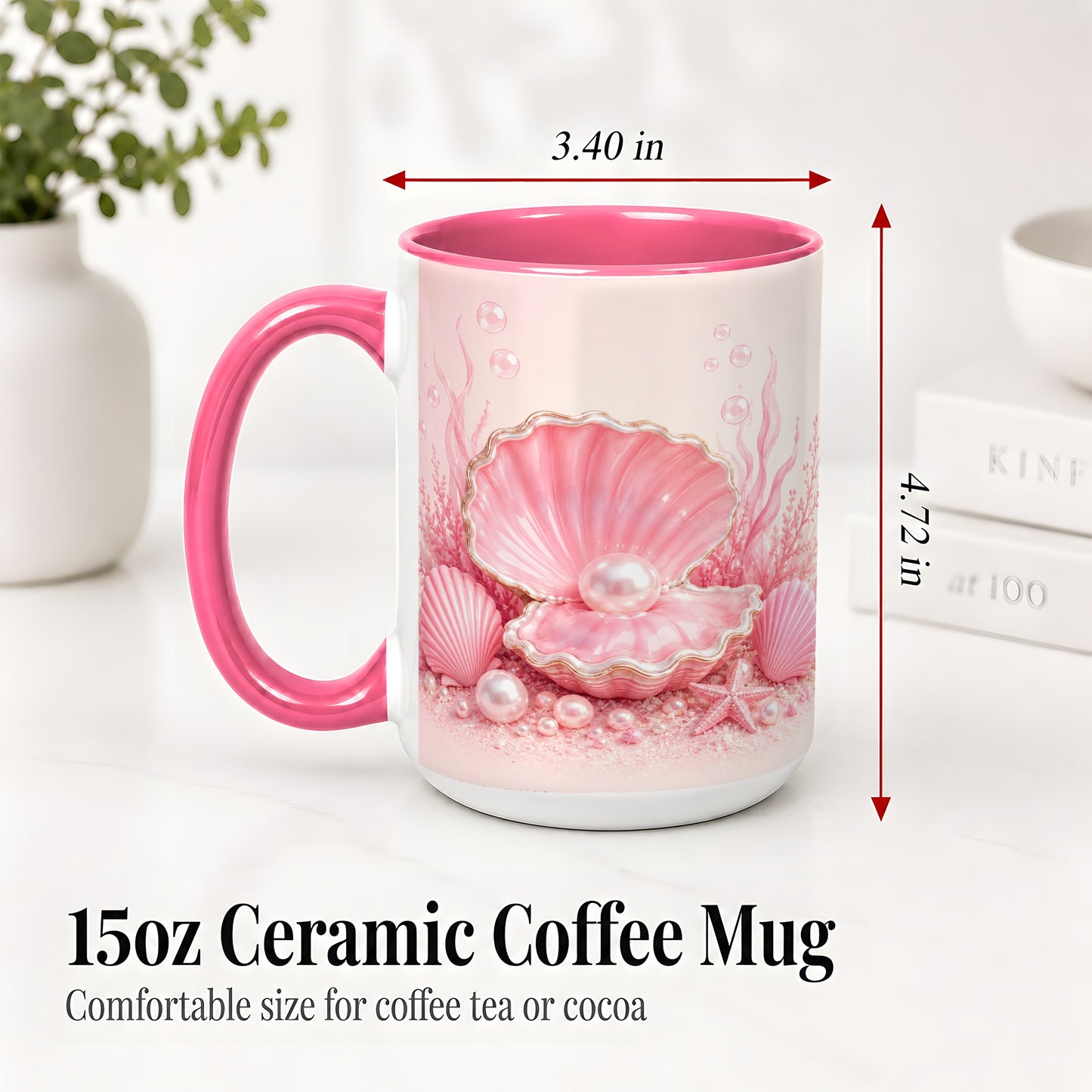 #pl[15oz|Pink] Pink Pearl Seashell Ceramic Mug, Ocean Shell Underwater Artwork