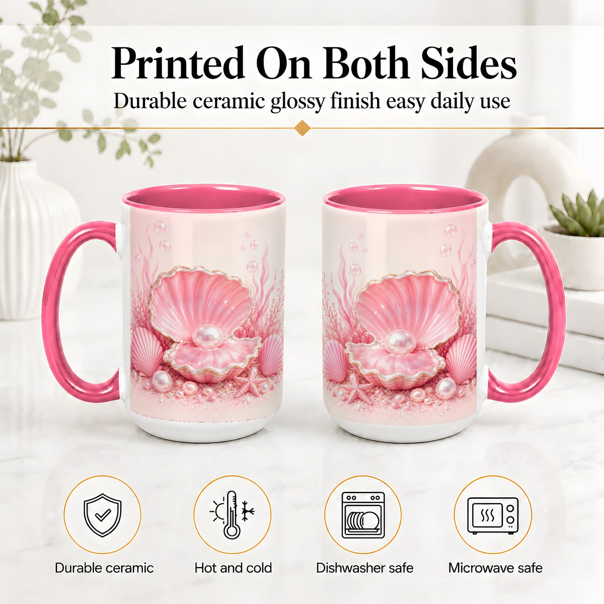 #pl[15oz|Pink] Pink Pearl Seashell Ceramic Mug, Ocean Shell Underwater Artwork