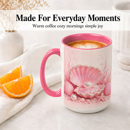#pl[15oz|Pink] Pink Pearl Seashell Ceramic Mug, Ocean Shell Underwater Artwork