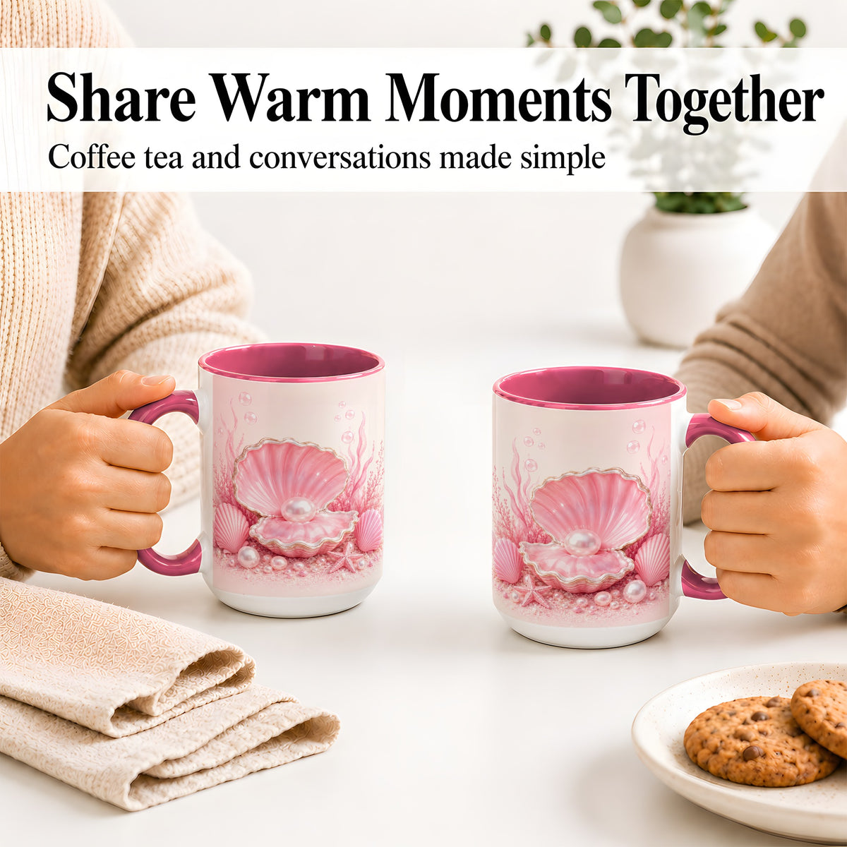 #pl[15oz|Pink] Pink Pearl Seashell Ceramic Mug, Ocean Shell Underwater Artwork