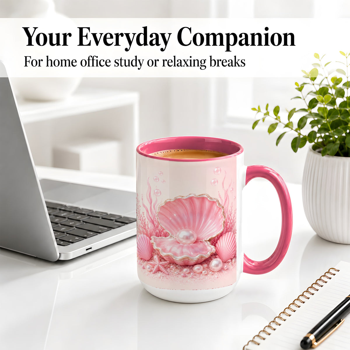 #pl[15oz|Pink] Pink Pearl Seashell Ceramic Mug, Ocean Shell Underwater Artwork