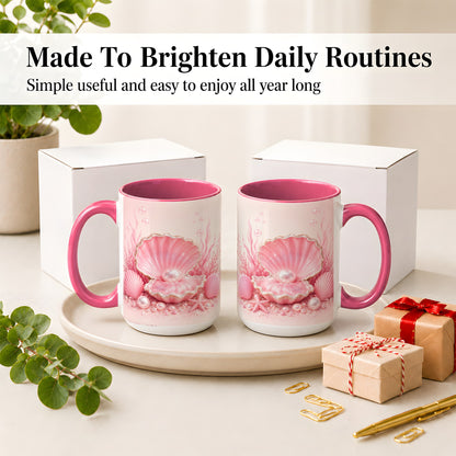 #pl[15oz|Pink] Pink Pearl Seashell Ceramic Mug, Ocean Shell Underwater Artwork