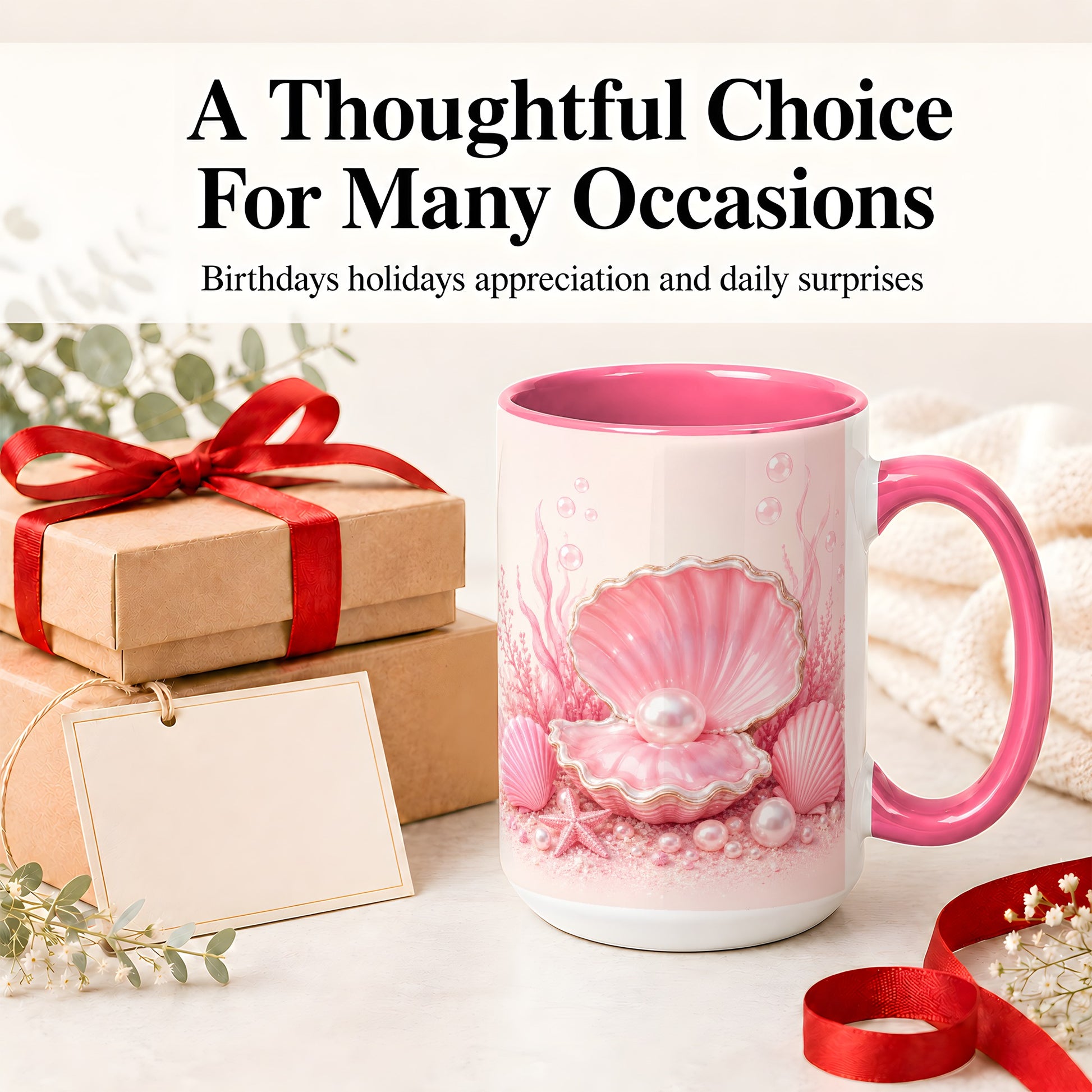 #pl[15oz|Pink] Pink Pearl Seashell Ceramic Mug, Ocean Shell Underwater Artwork