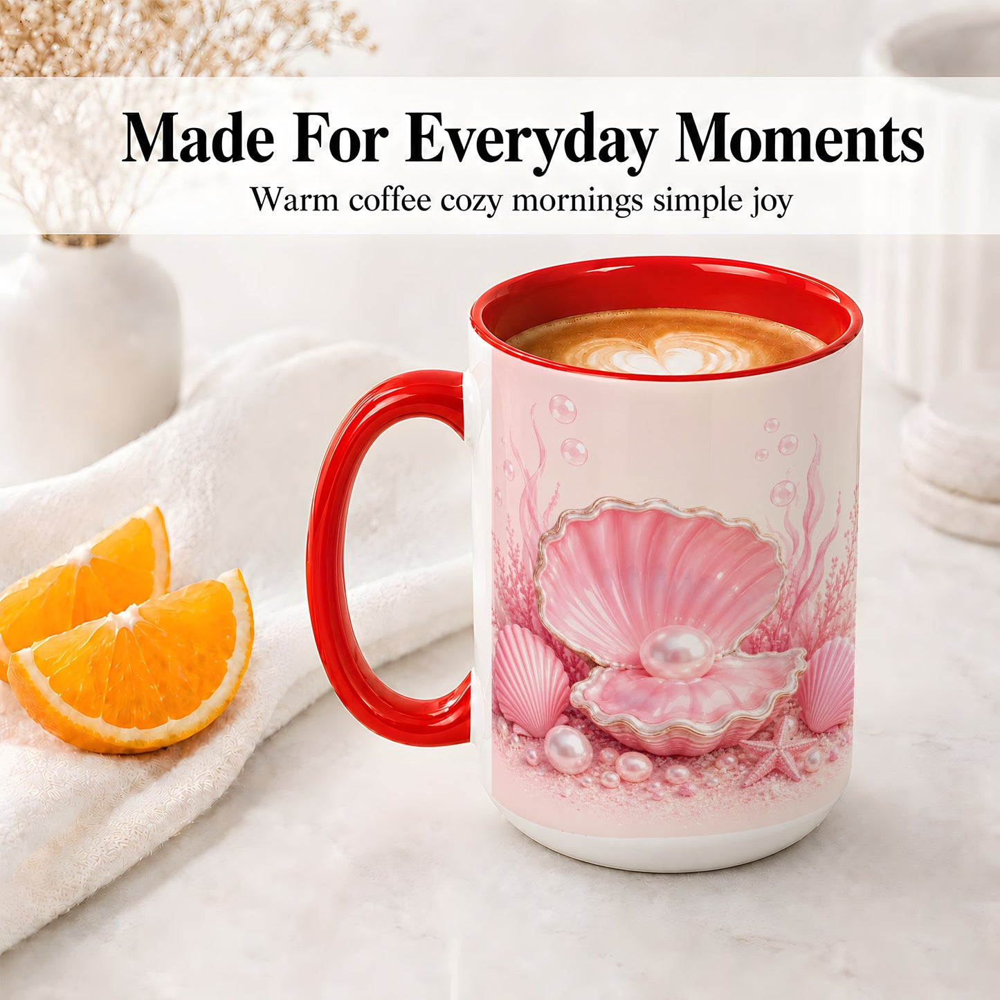 #pl[15oz|Red] Pink Pearl Seashell Ceramic Mug, Ocean Shell Underwater Artwork