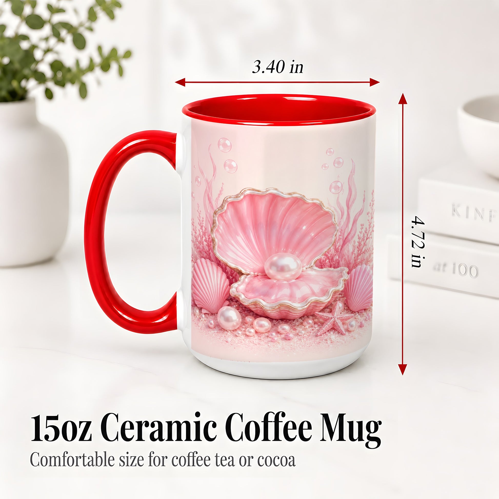 #pl[15oz|Red] Pink Pearl Seashell Ceramic Mug, Ocean Shell Underwater Artwork